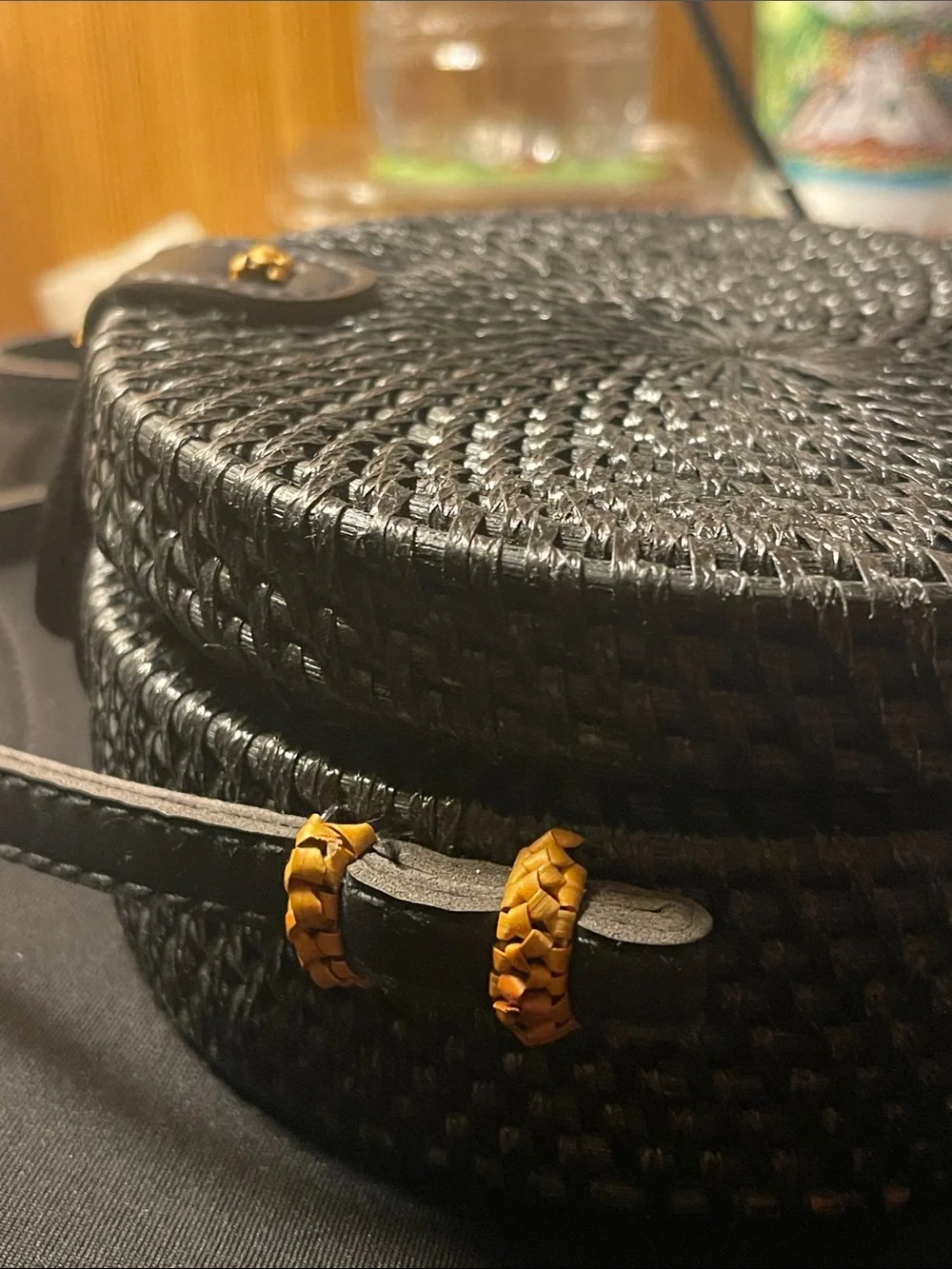Black Round wood and hemp rope Woven Crossbody Bag - Unbranded